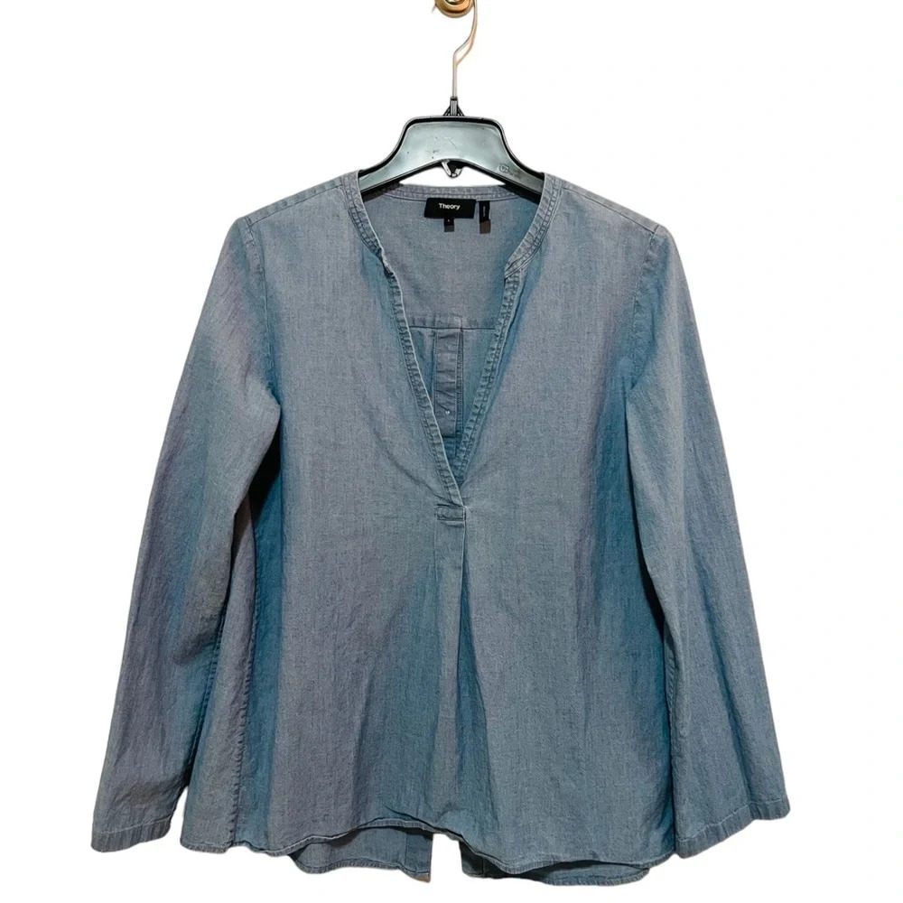 Theory Ofeliah Light Blue Cotton Chambray L Women’s Shirt Top Blouse
